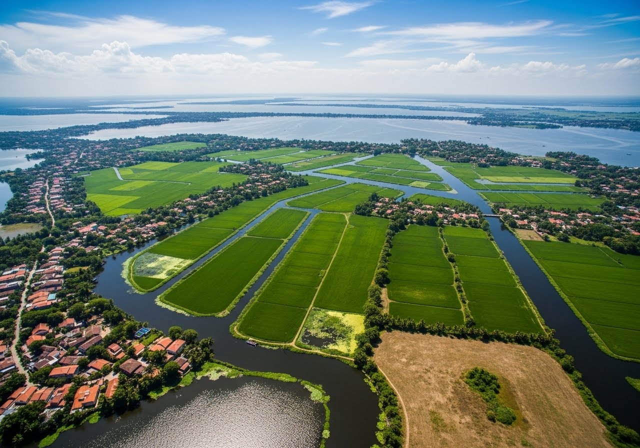 Aerial panoramic view of Kerala backwaters canal network